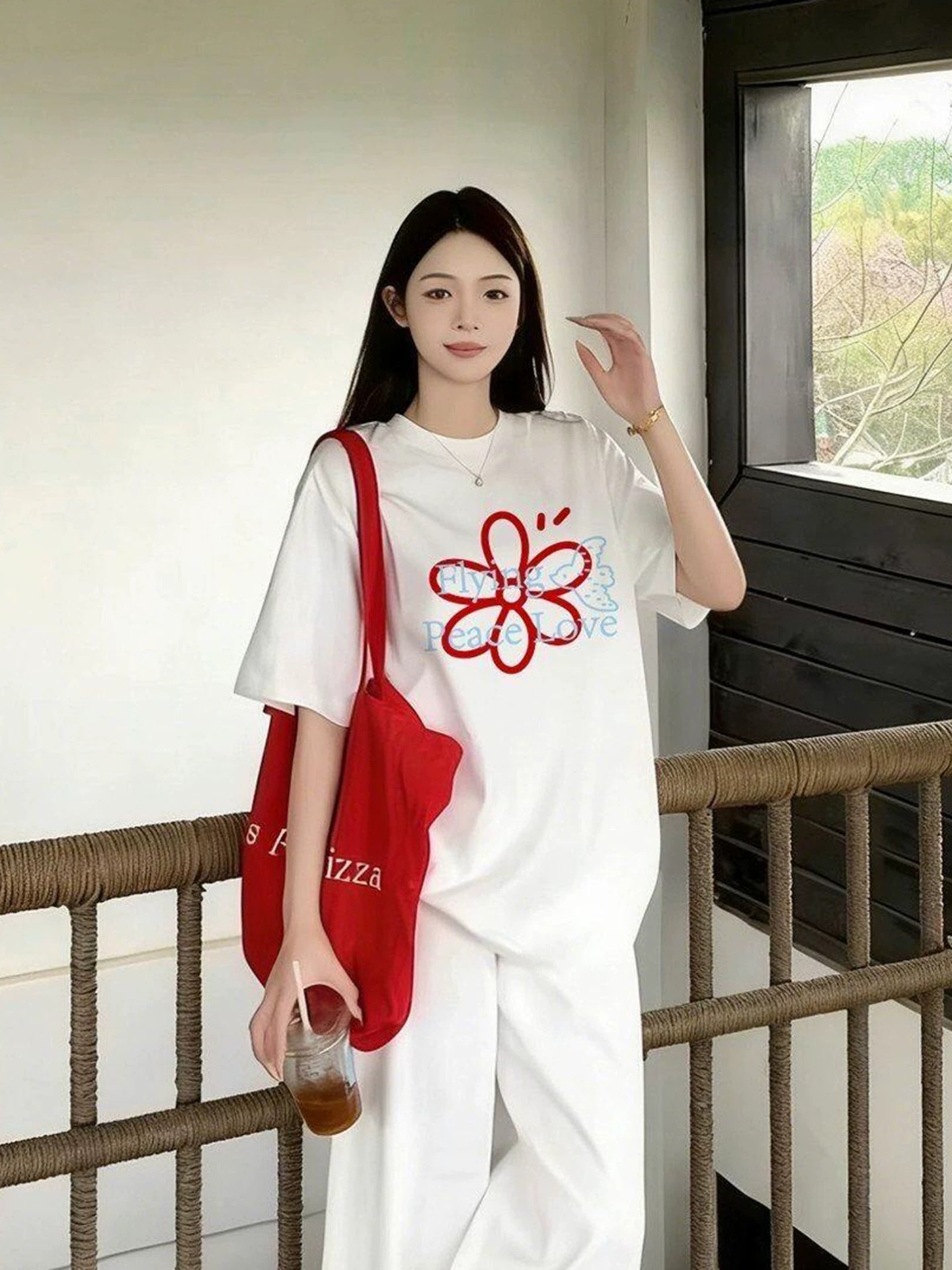 경관 그림 21 순면 210 그램 여름 드레스 한 부서 반팔 티셔츠 여성 한국 스타일 루즈핏 빅 사이즈 프린트