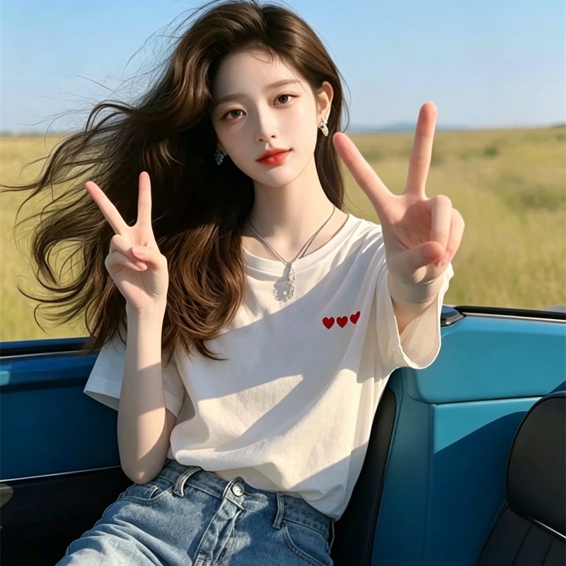 21 순면 210 그램 여름 드레스 한 부서 반팔 티셔츠 여성 한국 스타일 루즈핏 빅 사이즈 프린트