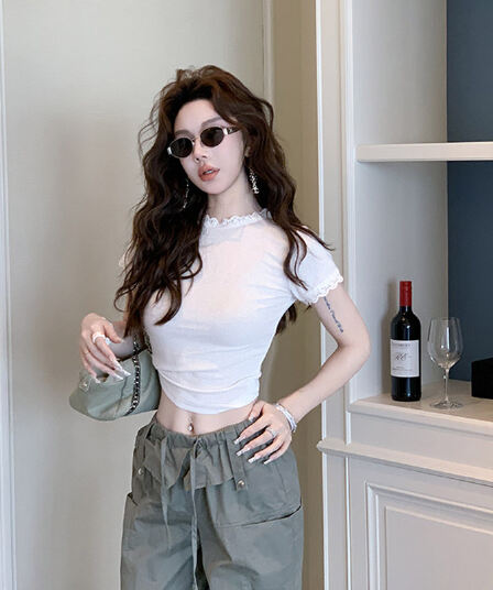 작은 대중 프랑스식 레이스 맨위 얇은 쇼트 스타일 몸매 가꾸기 슬림해 보이는 반팔 티셔츠