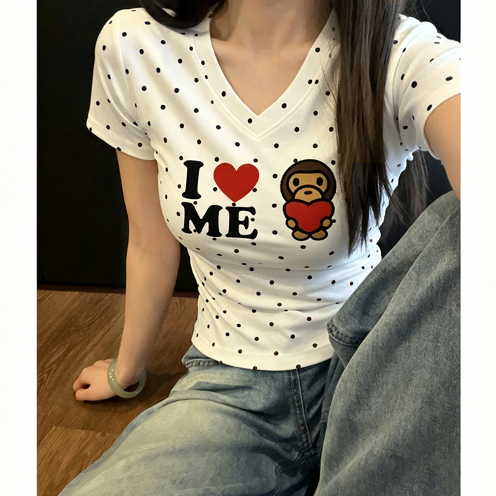 40 220 그램 빗질하다 92 면 8 암모니아 Lun 이후 패키지 칼라 몸매 가꾸기 슬림해 보이는 긍정적 인 어깨 V넥 반팔 티셔츠 여성
