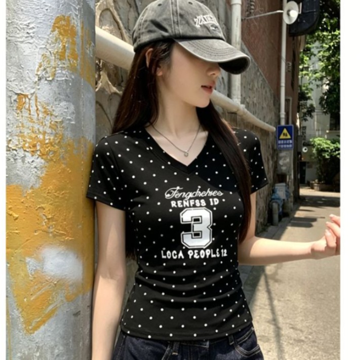 40 220 그램 빗질하다 92 면 8 암모니아 Lun 이후 패키지 칼라 몸매 가꾸기 슬림해 보이는 긍정적 인 어깨 V넥 반팔 티셔츠 여성