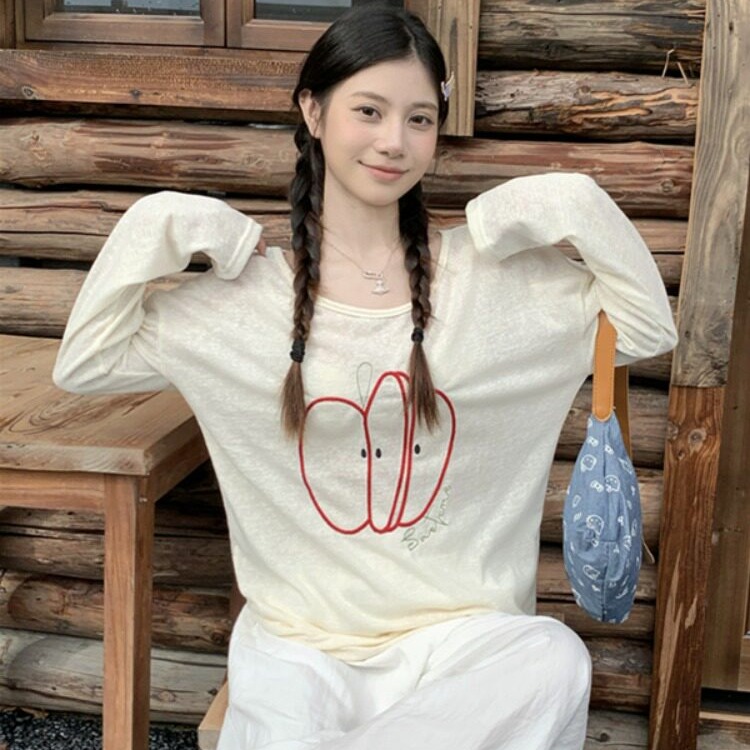 아메리칸 레트로 블라우스 애플 자수 긴팔 티셔츠 여성 루즈핏 자외선 차단 느긋한 바람 맨위