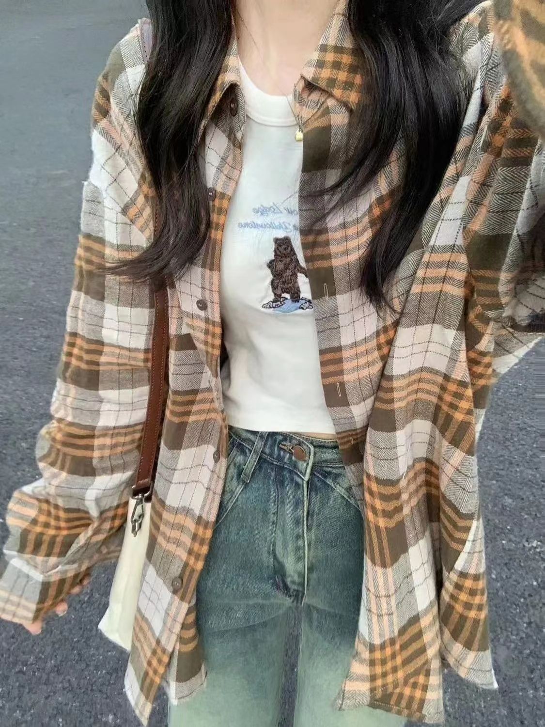 레트로 chic 고급 카키 색 격자 무늬 셔츠 여성 코트 가을과 겨울 한 부서 느긋한 바람 긴팔 셔츠 외출용