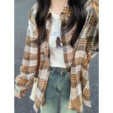 批发复古chic高档卡其色格子衬衫外套女秋<b class='q'>冬</b>款韩系慵懒风长袖衬衣外穿