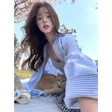 批发春秋<b class='q'>新款</b>纯色条纹衬衫外套小个子内搭小众打底衬衣女法式长袖上衣