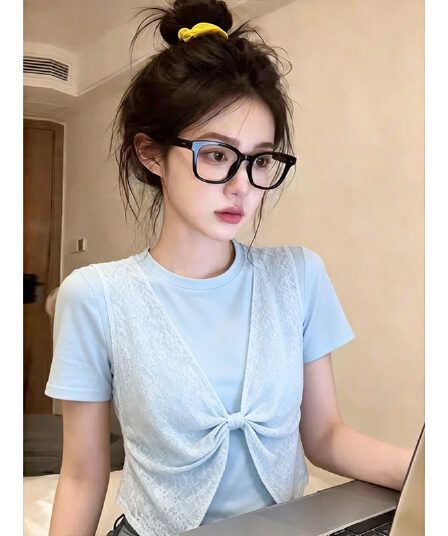 와 사고 방식 빅 사이즈 나비 매듭 디자인 패치워크 페이크 레이어드 반팔 티셔츠 여성 여름 고유 한 맨위