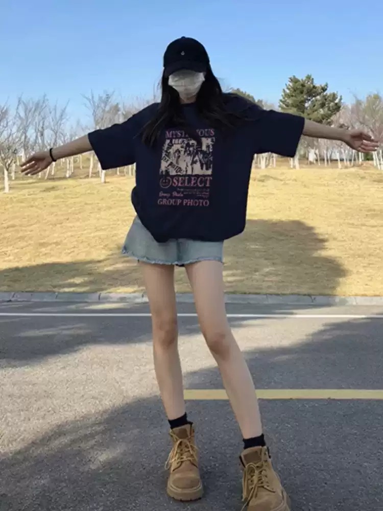 경관 그림 21 순면 210 그램 면 여름 드레스 한 부서 반팔 티셔츠 여성 한국 스타일 루즈핏 빅 사이즈 프린트