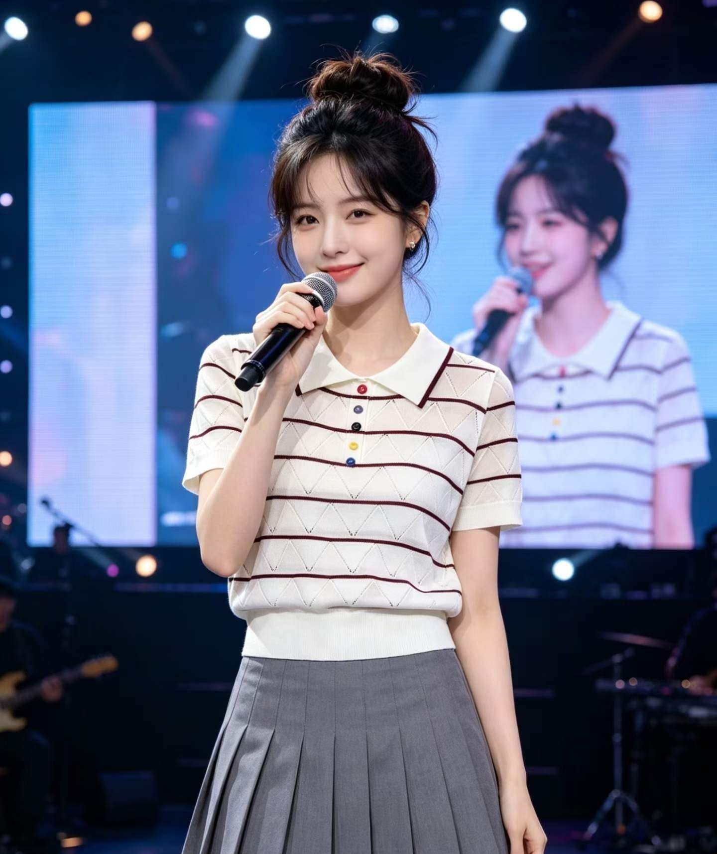 2026 년 여름 디자인 센스 패션 POLO 칼라 색상 단추 물결무늬 홀로우 아웃 니트 스트라이프 풀오버 반팔