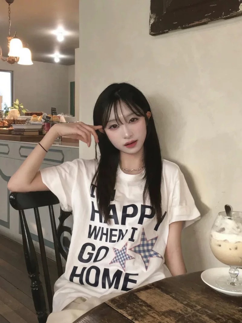21 순면 210 그램 이후 패키지 칼라 여름 드레스 한 부서 반팔 티셔츠 여성 한국 스타일 루즈핏 빅 사이즈 프린트