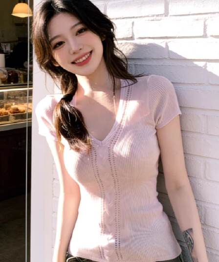 한 부서 부드러운 분위기 센스 착용 가져 가라. 핑크색 홀로우 아웃 V넥 반팔 티셔츠 고유 한 아름다운 그레이트 봐. 의류 2026 여름