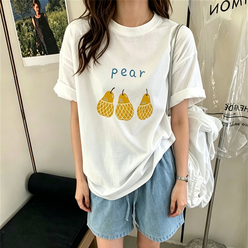 21 순면 210 그램 이후 패키지 칼라 여름 드레스 한 부서 반팔 티셔츠 여성 한국 스타일 루즈핏 빅 사이즈 프린트
