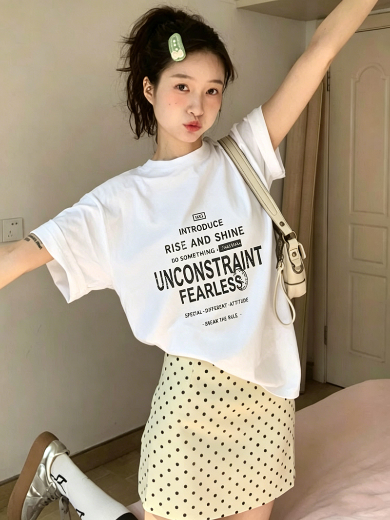 21 순면 210 그램 이후 패키지 칼라 여름 드레스 한 부서 반팔 티셔츠 여성 한국 스타일 루즈핏 빅 사이즈 프린트