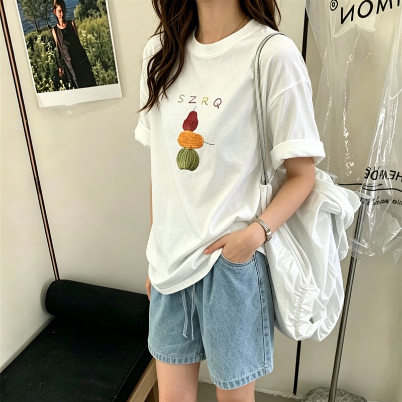 21 순면 210 그램 이후 패키지 칼라 여름 드레스 한 부서 반팔 티셔츠 여성 한국 스타일 루즈핏 빅 사이즈 프린트