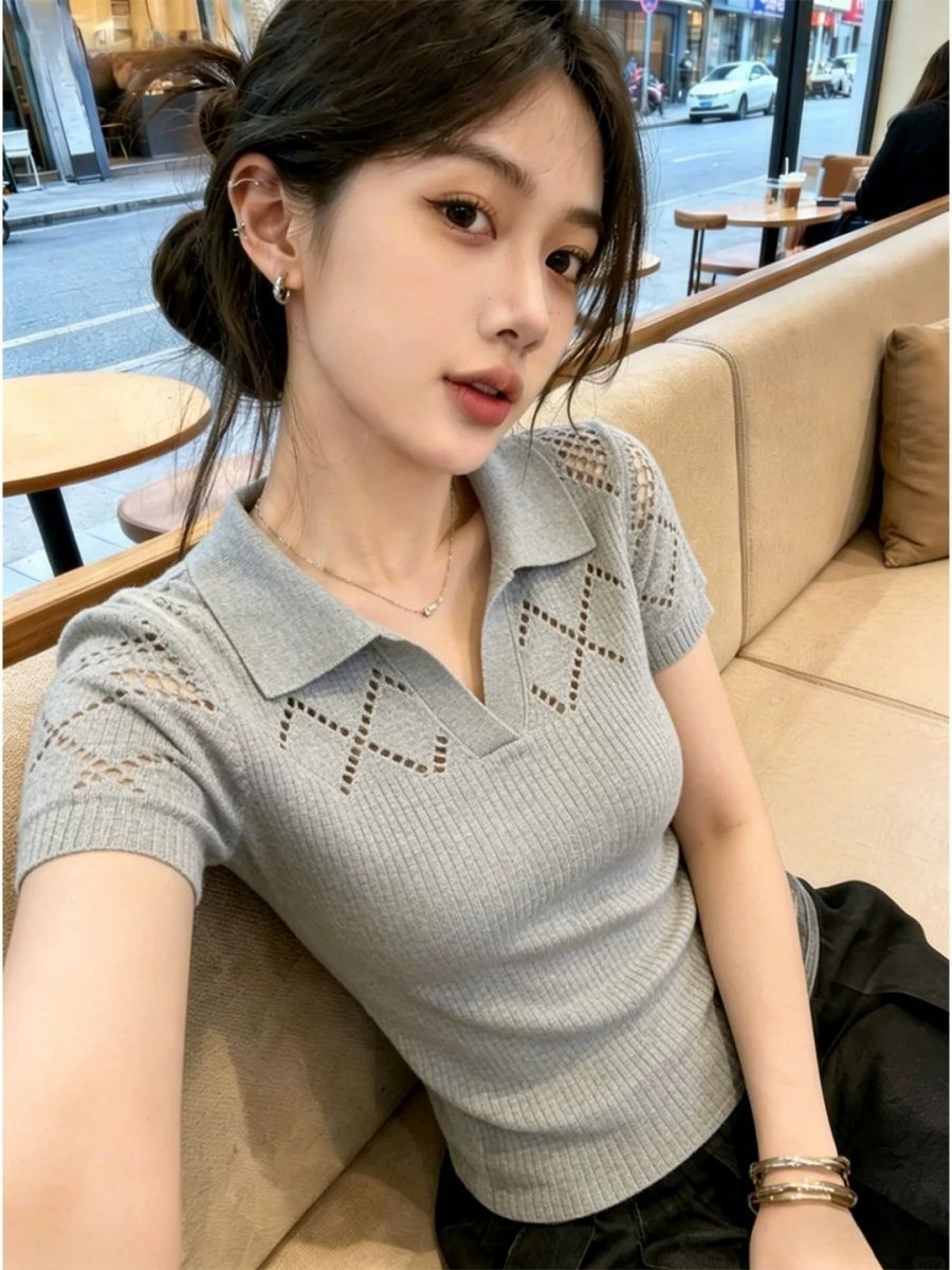 한 부서 POLO 칼라 홀로우 아웃 반팔 니트 스웨터 여성 여름 새로운 몸매 가꾸기 슬림해 보이는 다용도 맨위 트렌디