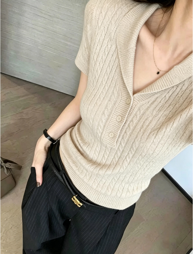 한 부서 POLO 칼라 홀로우 아웃 반팔 니트 스웨터 여성 여름 새로운 몸매 가꾸기 슬림해 보이는 다용도 맨위 트렌디