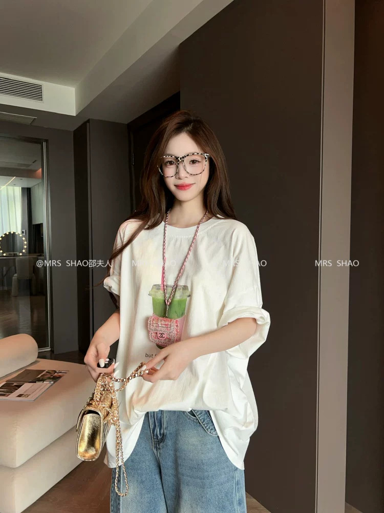 21 순면 210 그램 이후 패키지 칼라 여름 드레스 한 부서 반팔 티셔츠 여성 한국 스타일 루즈핏 빅 사이즈 프린트