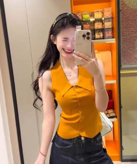 레트로 주황색 POLO 칼라 민소매 니트 티셔츠 여성 여름 몸매 가꾸기 슬림해 보이는 쇼트 스타일 품격 폴로 칼라 조끼