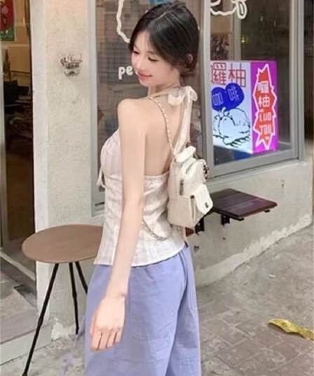 레이스업 V넥 민소매 행침 목 조끼 여성 순수한 욕망 주름 고급 센스 슬립 맨위
