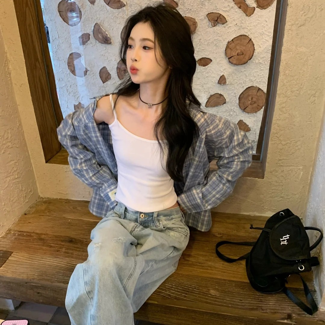 아메리칸 레트로 파란색 체크무늬 여성 셔츠 이른 봄 알파벳 자수 긴팔 셔츠 커플 루즈핏 캐주얼 맨위 트렌디