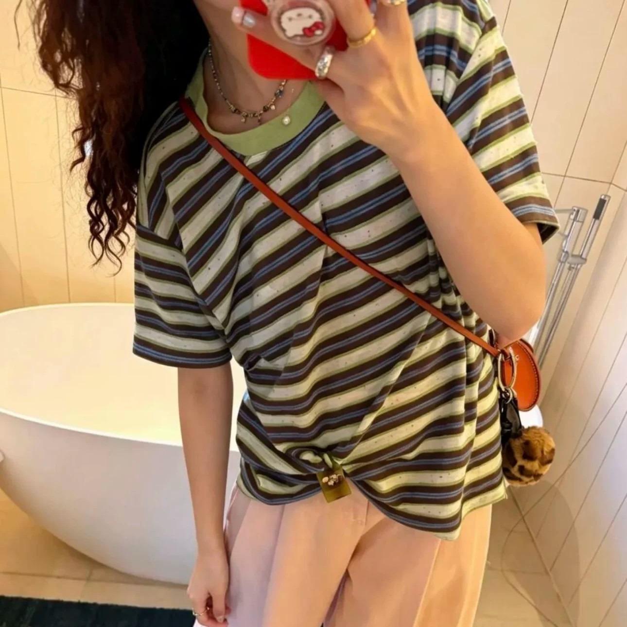 한 부서 느긋한 스트라이프 배색 반팔 티셔츠 여성 여름 새로운 루즈핏 작은 대중 캐주얼 레트로 느슨함 센스 맨위
