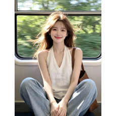 批发辣妹白色V领挂脖吊带背心夏季美背遮副乳外穿无袖上衣