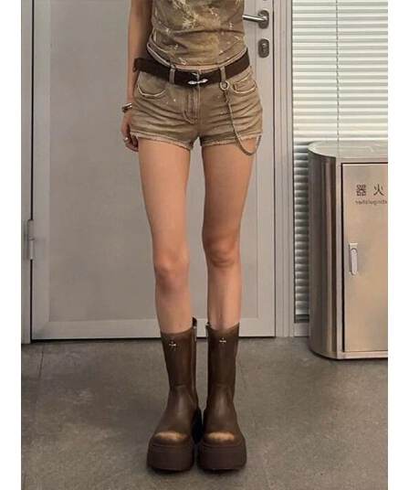 아메리칸 높음 거리 디자인 센스 마술 색상 로우 웨이스트 데님 반바지 아이들 여름 핫걸 몸매 가꾸기 슬림해 보이는 타이트 스커트 초단 핫 바지
