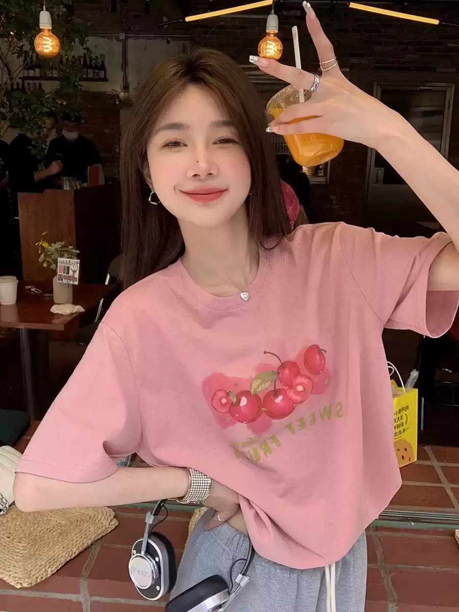21 순면 210 그램 면 청춘 연령 감소 체리 프린트 티셔츠 여성용 짧은 소매