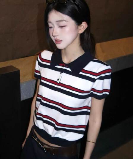 학원 스타일 배색 스트라이프 POLO 칼라 니트 반팔 여성 여름 몸매 가꾸기 miu 부서 자이언트 잘 생긴 ~ 중 쇼트 스타일 맨위