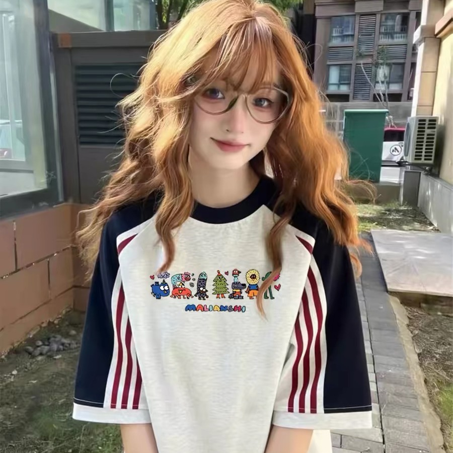 배색 패치워크 3개 바 프린트 반팔 티셔츠 여성