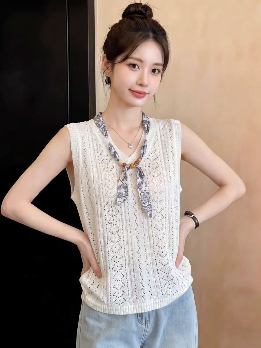도파민 순수한 욕망 자수 홀로우 아웃 얼음 실크 민소매 어깨 조끼 경기 스카프 여름 핫걸 루즈핏 니트 맨위
