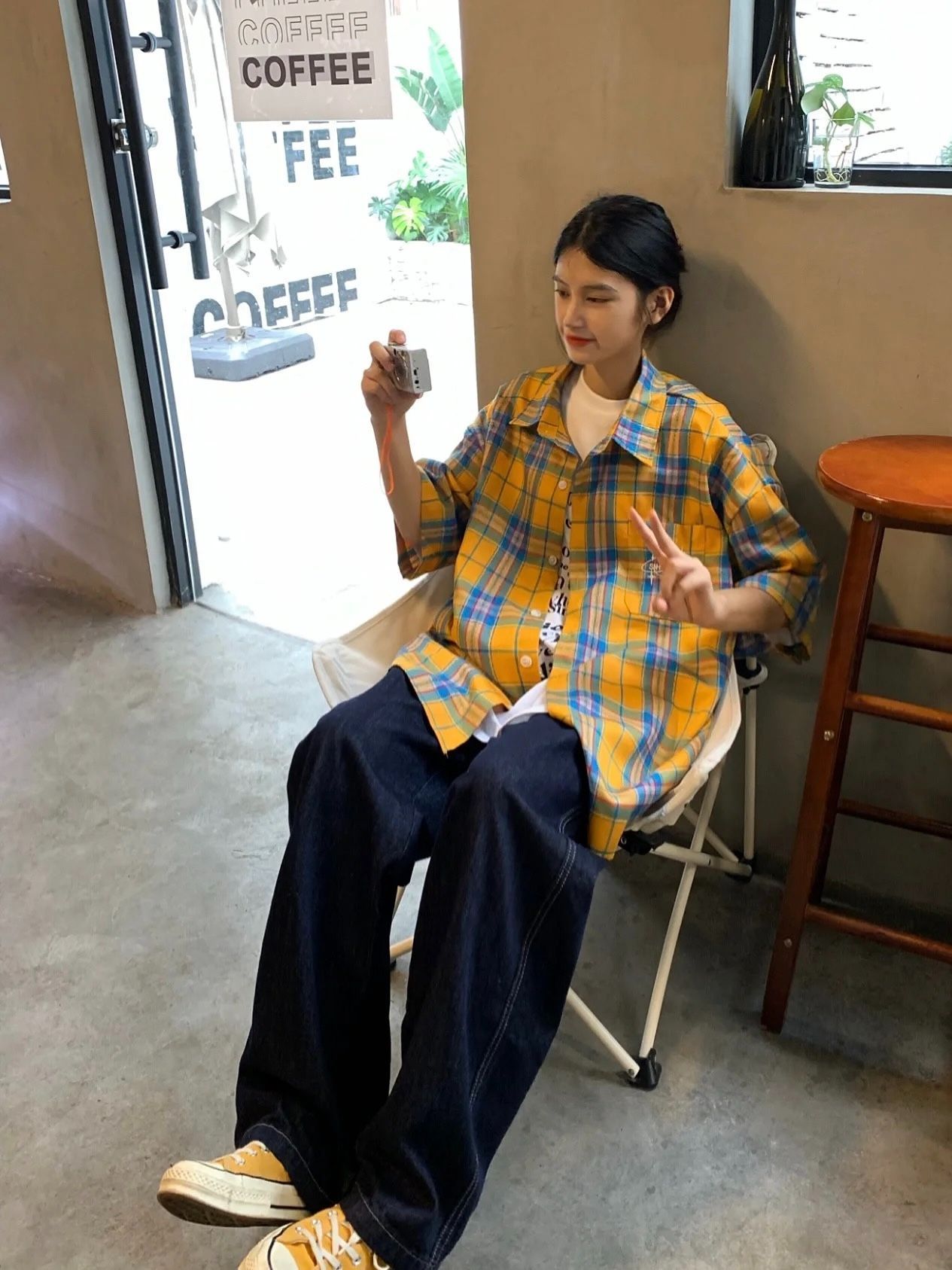 황색 체크무늬 여름 반팔 셔츠 남자 친구 바람 루즈핏 커플 캐주얼 재킷 조수 브랜드