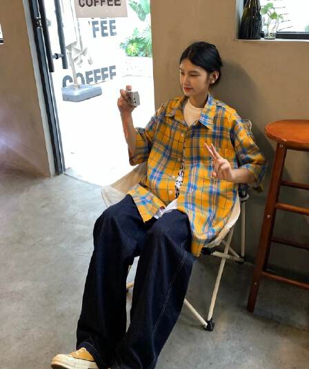 황색 체크무늬 여름 반팔 셔츠 남자 친구 바람 루즈핏 커플 캐주얼 재킷 조수 브랜드