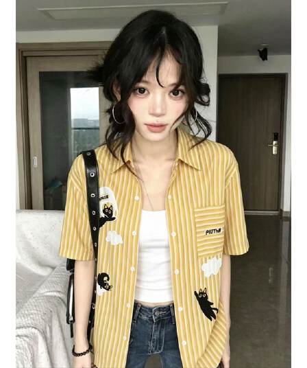 아메리칸 레트로 스트라이프 고양이 만화 자수 디자인 센스 셔츠 반팔 여성 여름 느긋한 바람 셔츠 트렌디