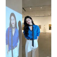批发2026高级感蓝色POLO领长袖衬衫<b class='q'>外套</b>女宽松休闲开衫衬衣中长款上衣