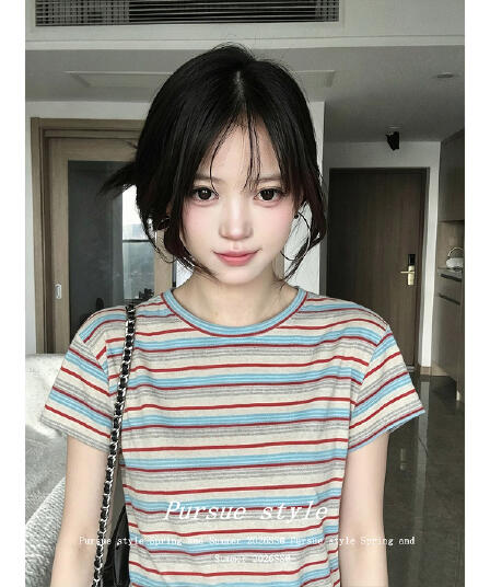 반팔 티셔츠 여성 의류 여름 새로운 트렌디 한 부서 디자인 센스 배색 레트로 스트라이프 라운드 넥 맨위