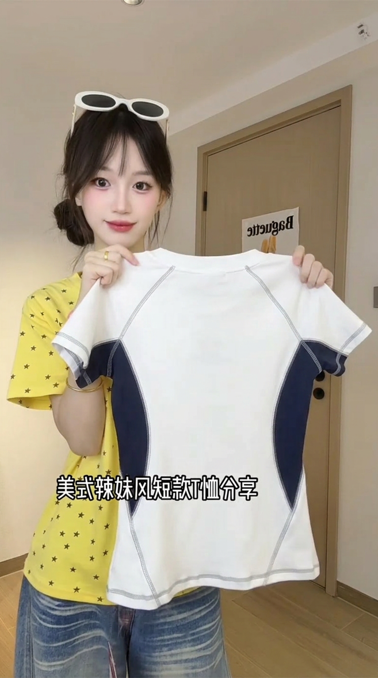 조수 브랜드 반팔 티셔츠 여성 의류 여름 삽입 색상 명시적 스티치 장식 라운드 넥 맨위