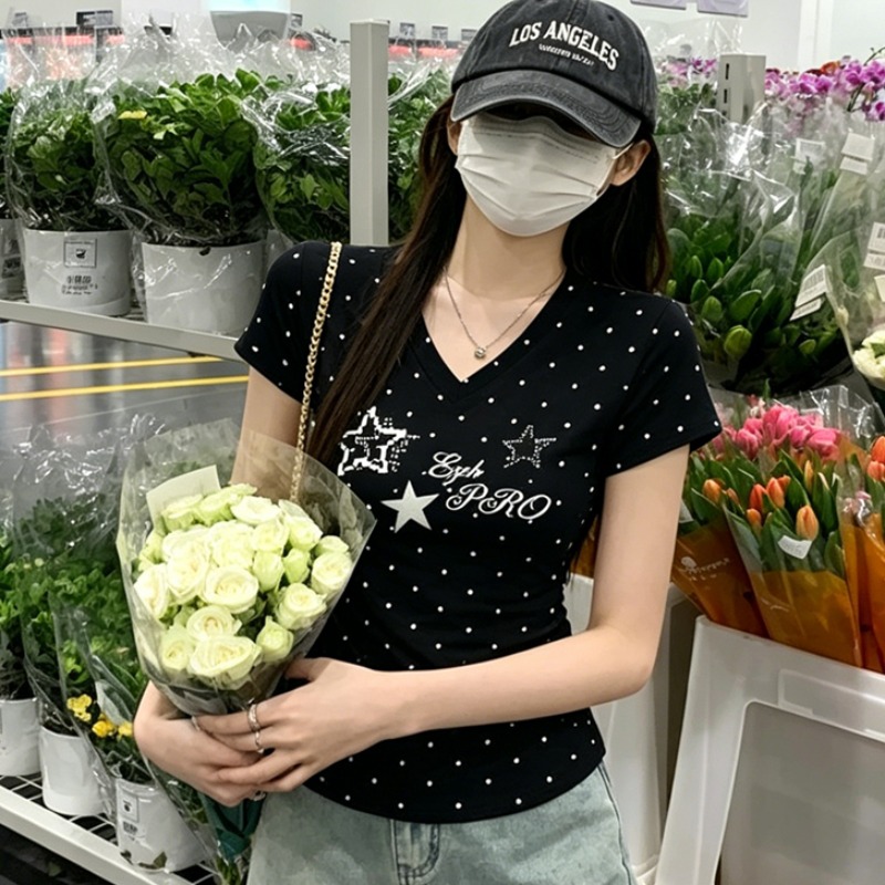 40 220 그램 빗질하다 92 면 8 암모니아 Lun 이후 패키지 칼라 몸매 가꾸기 슬림해 보이는 긍정적 인 어깨 V넥 반팔 티셔츠 여성
