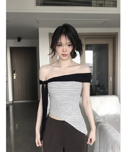40 순면 배색 리본 오프숄더 스트라이프 티셔츠 여성 여름 허리 수축 슬림해 보이는 스트랩 핫걸 민소매 맨위