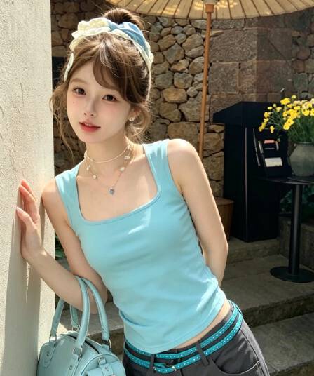 파란색 단어 조끼 여성 벨트 가슴 패드 인사이드 가져 가라. 2026 여름 핫걸 몸매 가꾸기 외출용 슬립 민소매 작은 맨위