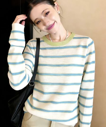 배색 스트라이프 얇은 스타일 얼음 실크 티셔츠 여성 라운드 넥 긴팔 느긋한 바람 자외선 차단 블라우스 2026 새로운 봄 여름 맨위