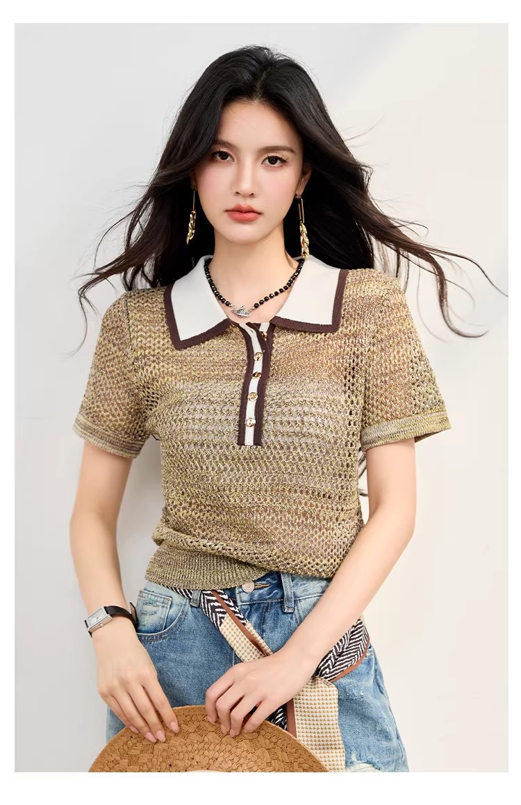 POLO 칼라 레트로 홀로우 아웃 반팔 티셔츠 여성 여름 다용도 슬림해 보이는 배색 니트 블라우스 맨위 2026 새로운