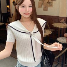 批发韩系海军领短袖<b class='q'>针织衫</b>女夏季新款撞色飘带v领<b class='q'>镂空</b>显瘦学院风上衣