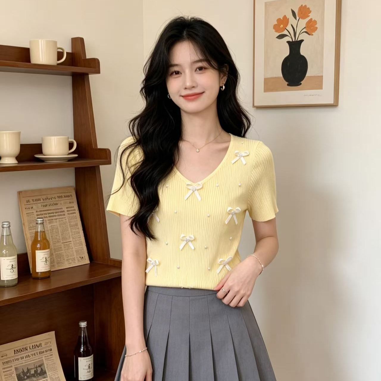 2026 년 여름 새로운 분위기 센스 V넥 3 차원 꽃 못 훈련 니트 풀오버 반팔