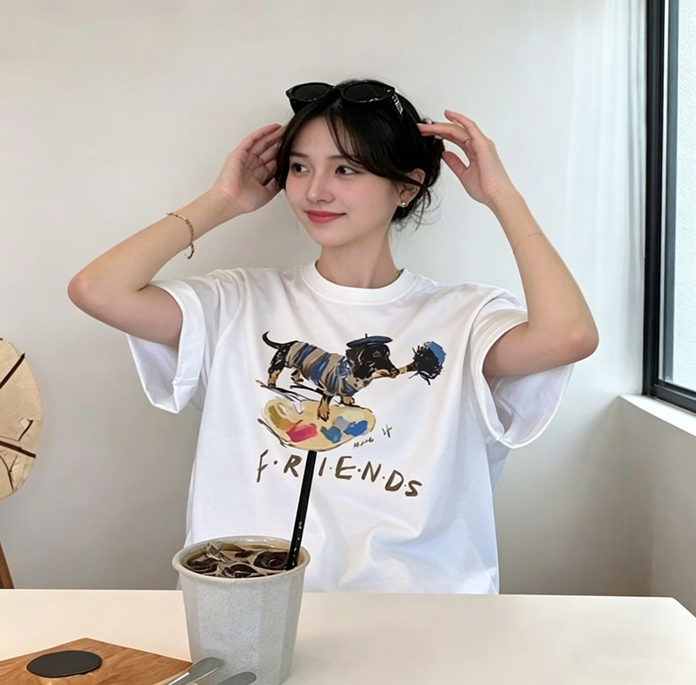 230 크 순면 프린트 반팔 티셔츠 여성
