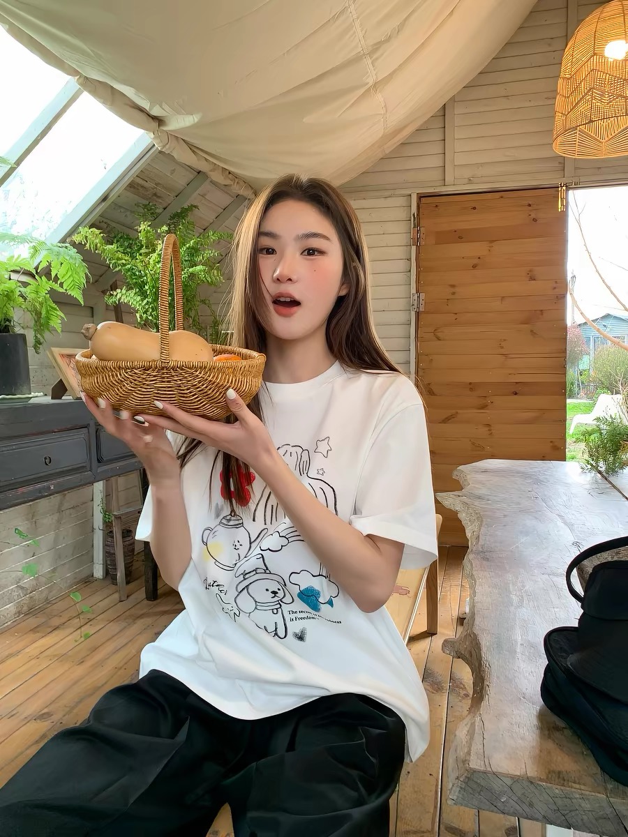 230 크 순면 프린트 반팔 티셔츠 여성