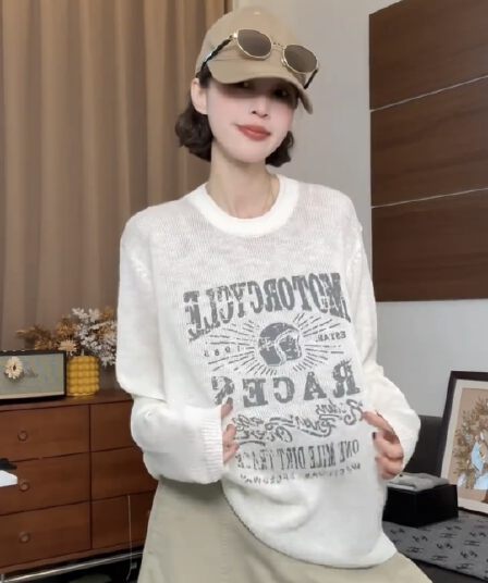 아메리칸 레트로 스타일 알파벳 프린트 자외선 차단 블라우스 여성 봄 여름 루즈핏 슬림해 보이는 다용도 긴팔 니트 맨위 트렌디