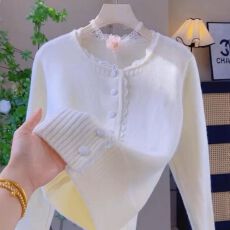 批发甜美温柔蕾丝花边奶气质毛衣<b class='q'>外套女</b>春秋新款小众洋气针织开衫上衣