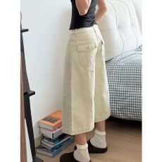 批发美式复古卡其色七分牛仔裤女夏季小个子高腰宽松直筒六分中裤短裤