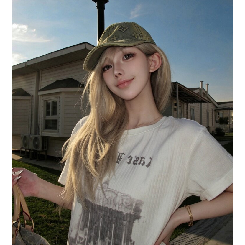 순면 구덩이 기사 날개 프린트 루즈핏 반팔 맨위 여성 여름 새로운 아메리칸 베이지 색 작은 대중 다용도 티셔츠