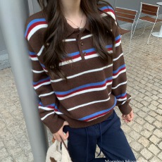 批发咖色条纹polo领针织衫毛衣女秋冬内搭撞色慵懒打底长袖上衣